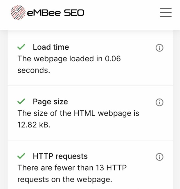 Load times and page size from embeeseo.com